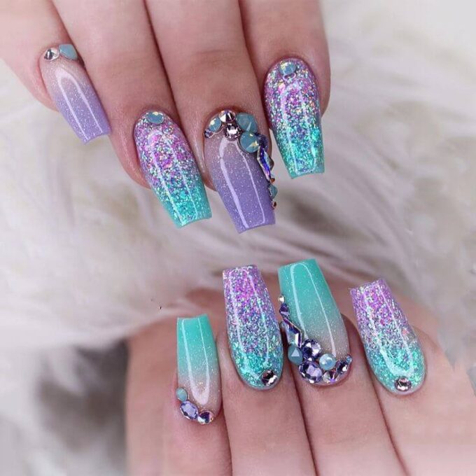 rhinestones with green and blue multicolor glitter nails