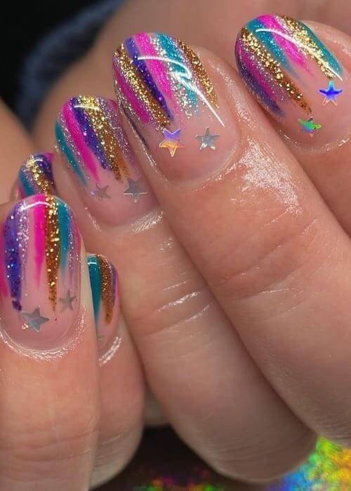 sparkling stars and multicolor glitter nails designs