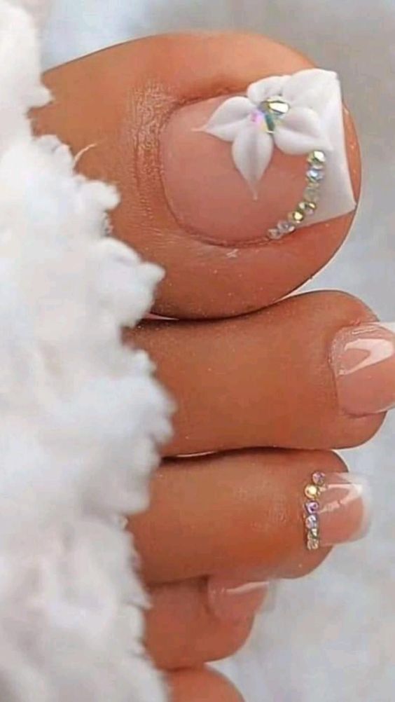 rhinestones and floral with summer white tips toe nail designs