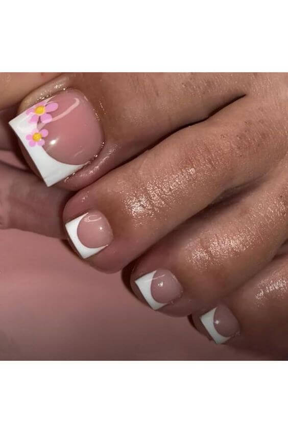 pink flowers with white tip toe nails designs for summer