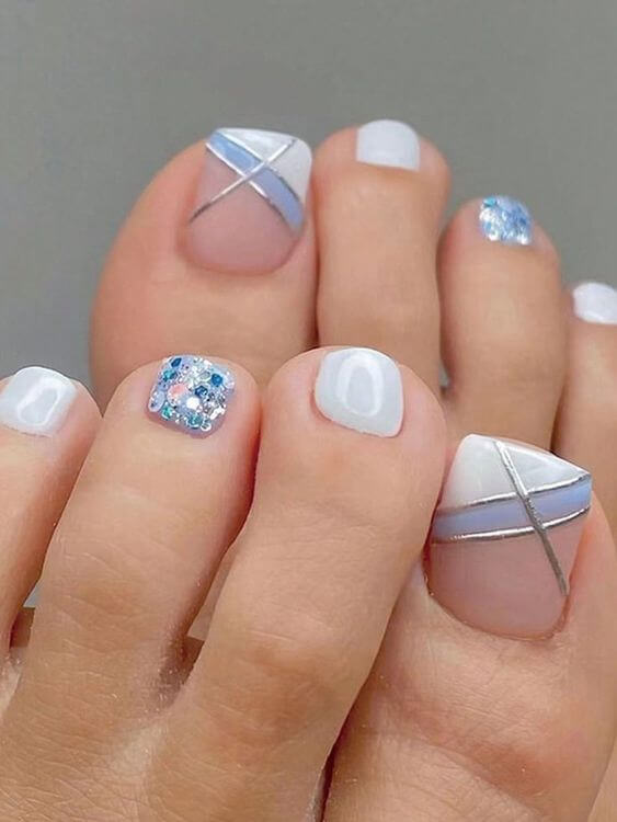 glitter and silver line with blue and white summer toe nails designs