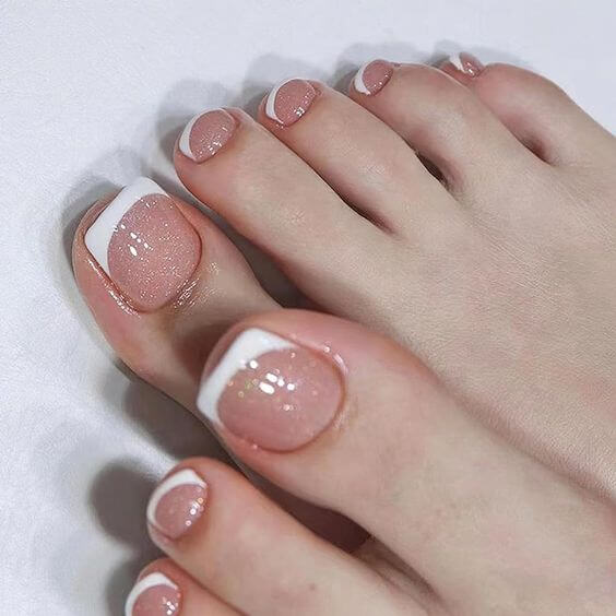 glitter beige with french tip summer white toe nails art