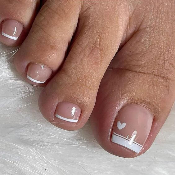 beige with heart on tip summer white toe nails designs