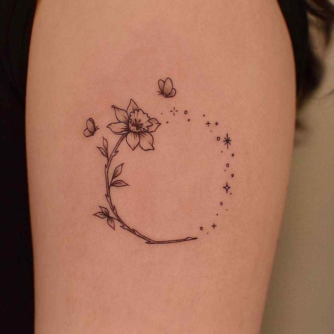 butterflies with lily flower and stars tattoo design