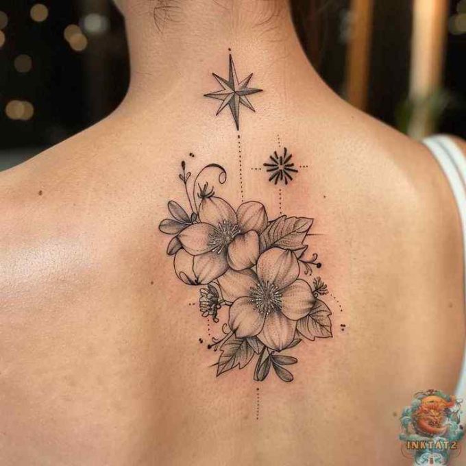 zinnia flowers and north star tattoo design on back