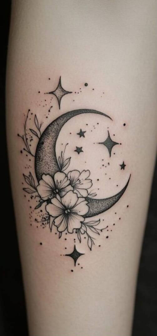 moon with daisy flowers and stars tattoo design