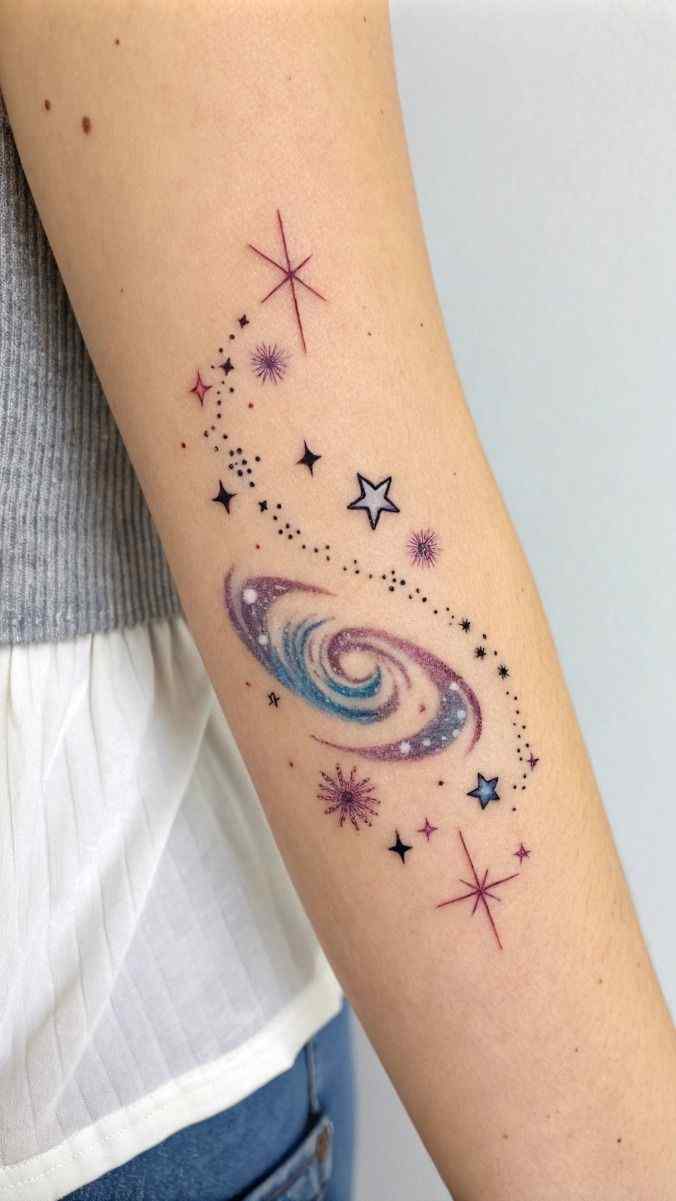 galaxy and stars space themed tattoo design on forearm