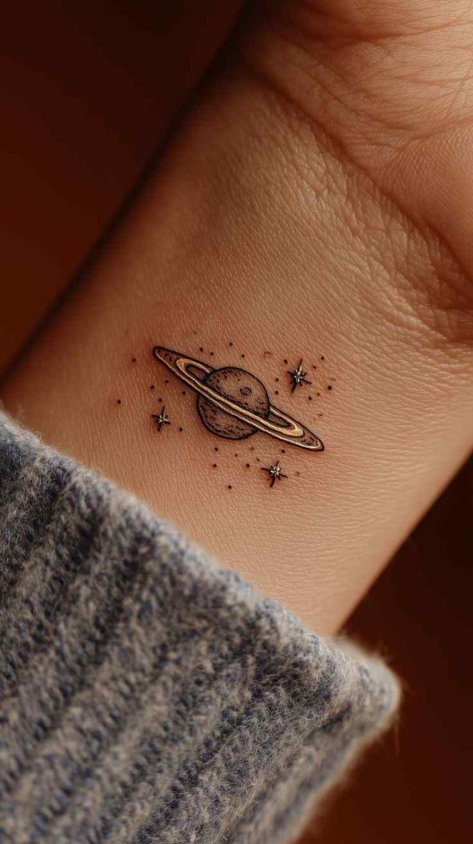 saturn space themed tattoo design on wrist