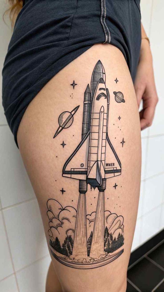 spacecraft space themed tattoo design on side thigh