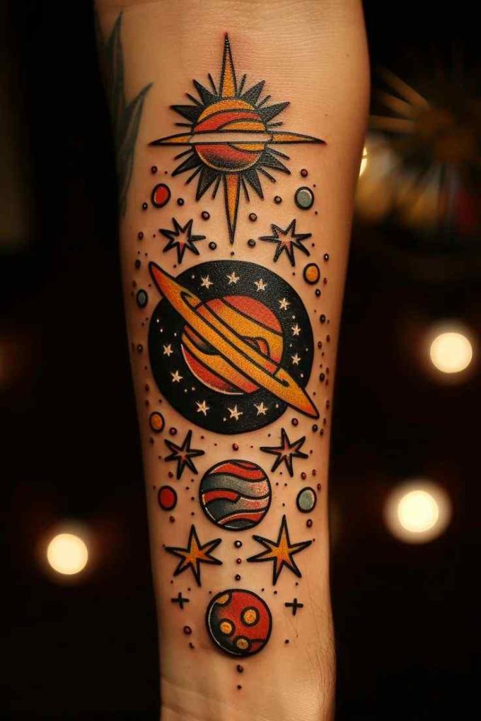 solar system space themed tattoo design on forearm