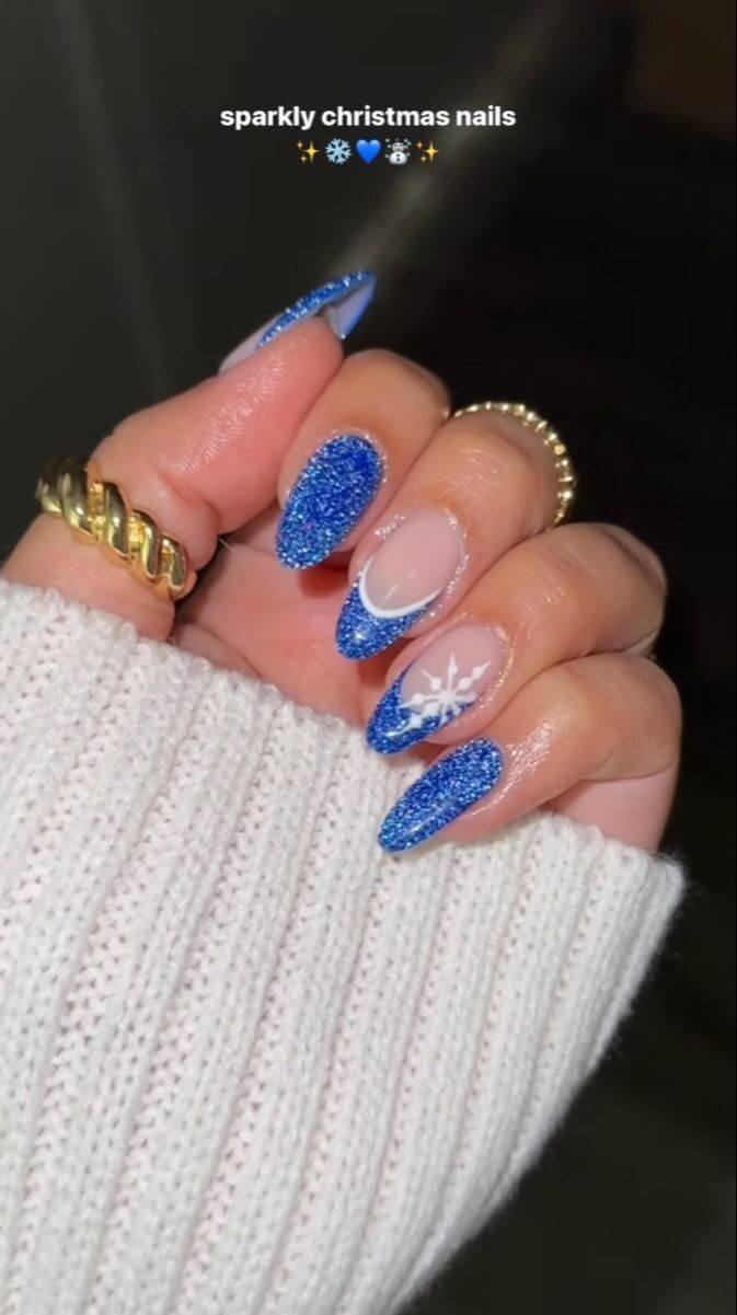 glitter blue and nude christmas snow nail designs