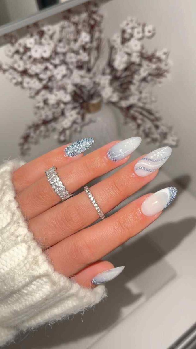 glitter almond ice-blue christmas snow nails design