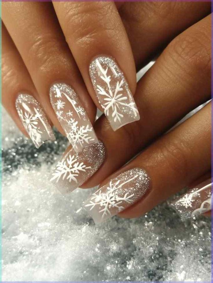 nude acrylic winter christmas snow nails designs