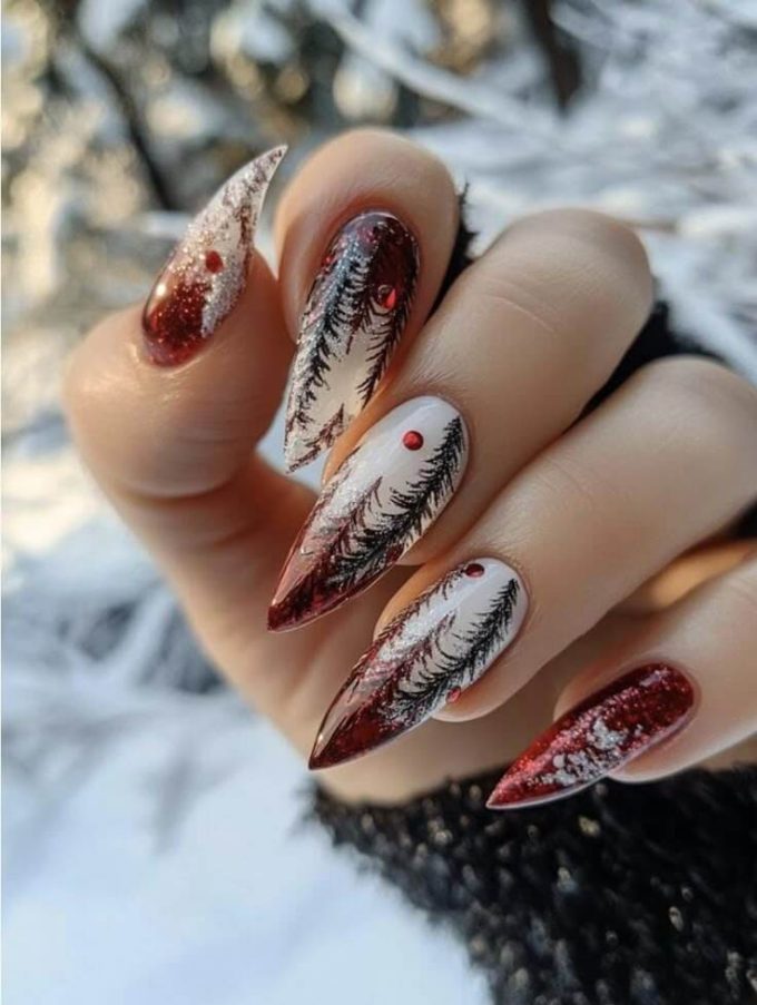 pine tree christmas snow nails design