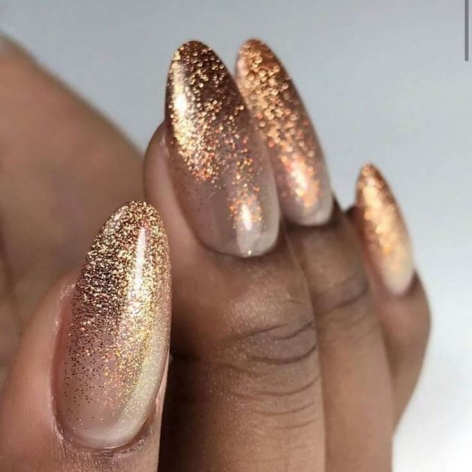 almond gold glitter christmas nails