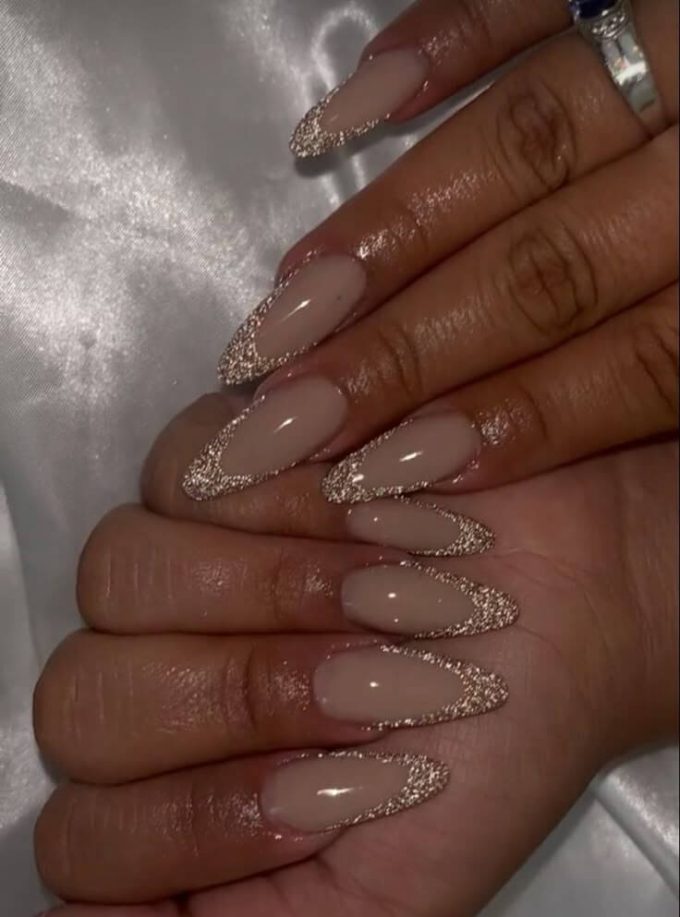 french tips nude with gold glitter christmas nails
