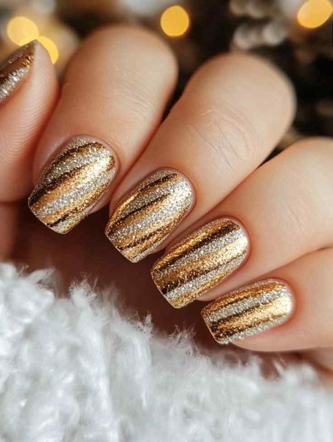 silver with gold glitter christmas nails