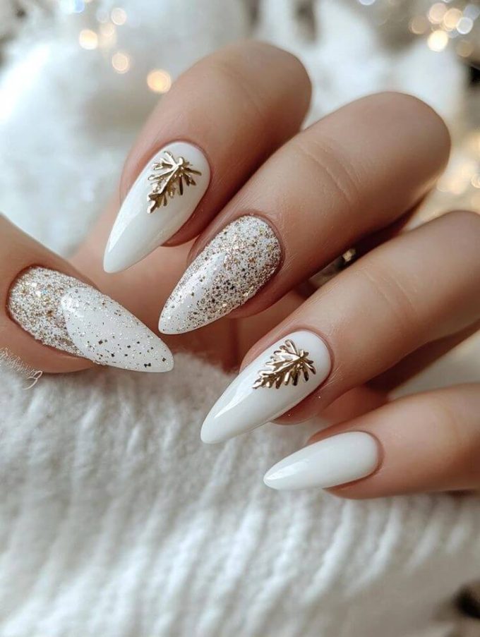leaf accent gold glitter christmas nails designs
