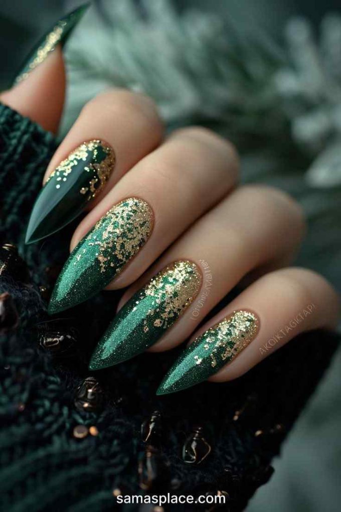 emerald green with gold glitter christmas nails