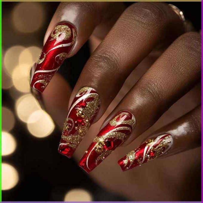 acrylic red with gold glitter christmas nails designs