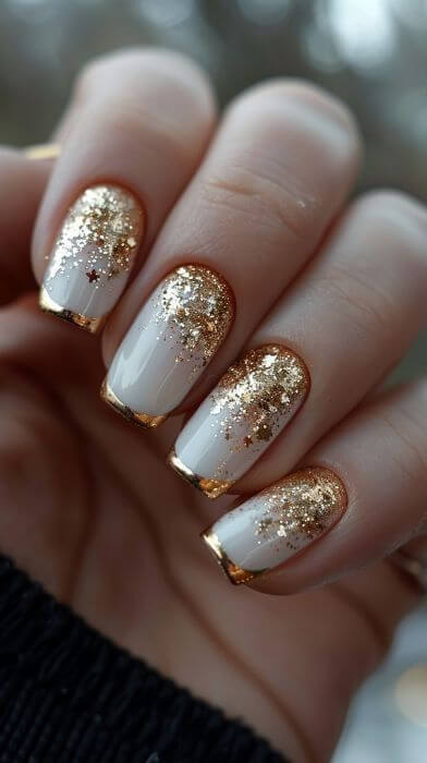white with gold glitter christmas nails