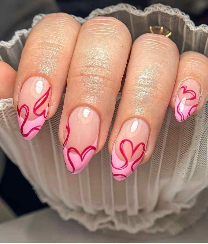 line art heart pink french tips valentine nail designs