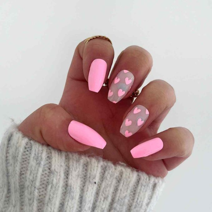 nude and heart pink valentines day nail designs