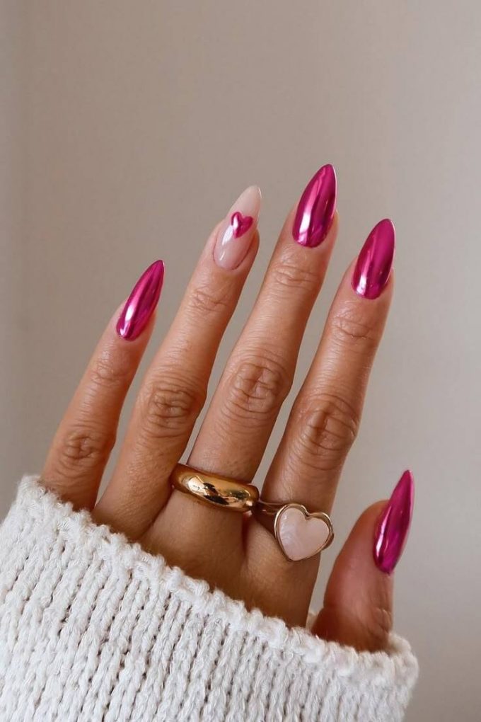 heart on nude and metallic pink nail designs